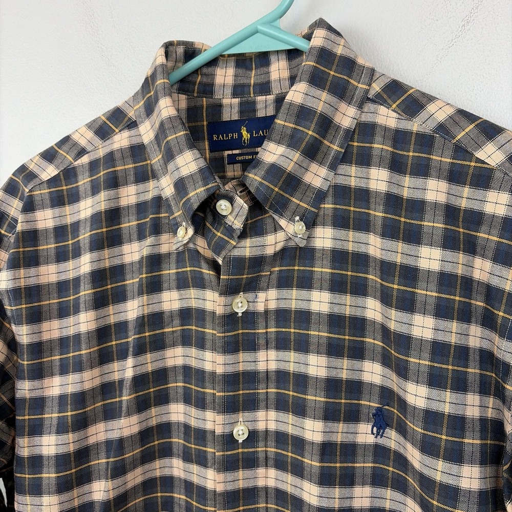 Ralph Lauren Shirt Mens Medium Blue Plaid Custom Fit Button Down Pony Logo LS